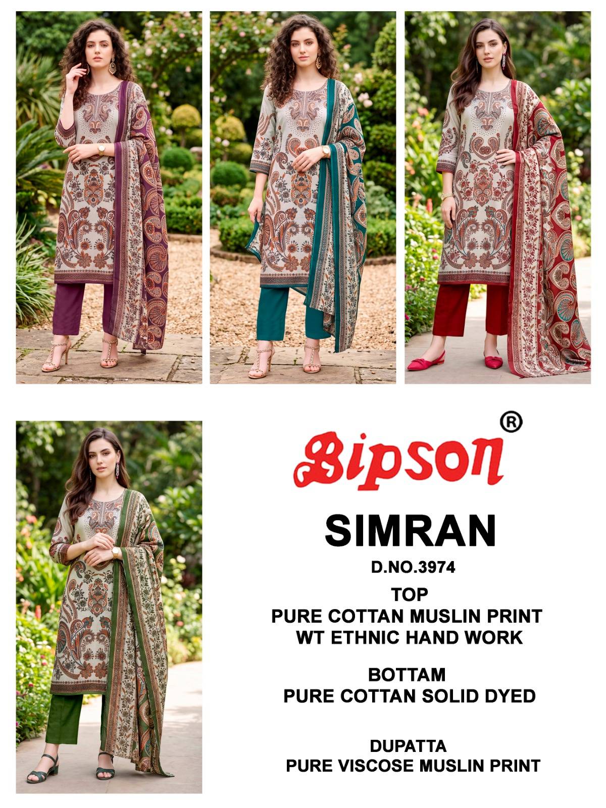 SIMRAN 3974 Series By BIPSON PRINTS Stylish Beautiful Colourful Pure Cotton Muslin Dresses At Wholesale Price